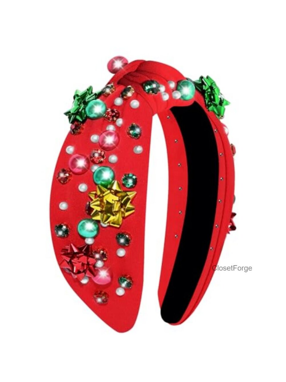 Christmas Headband Women Top Knot Bow Rhinestone Pearl Hair Accessory